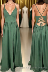 Straps Green A-line Long Semi Formal Prom Dress with Lace Up Back